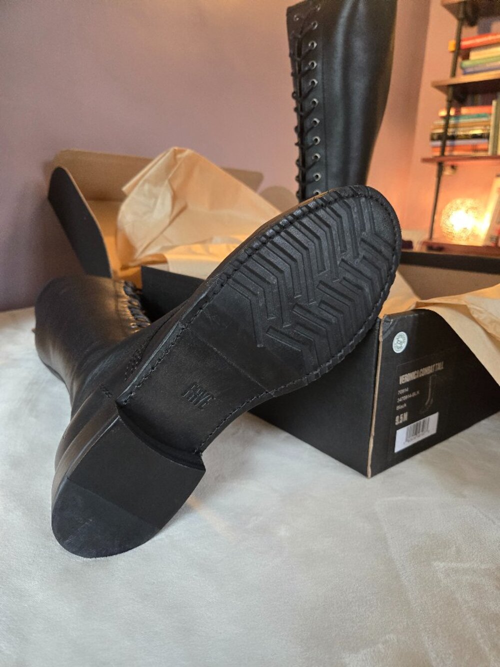 New in Box (NIB) Frye Veronica Combat Tall Boots Black Leather 9.5 - Picture 8 of 8